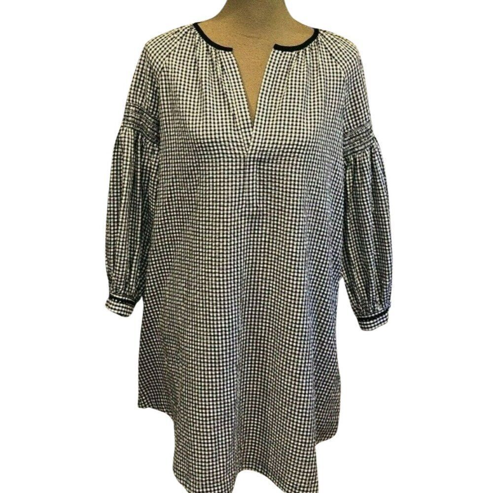 Topshop Gingham Smocked Dress Size 6 Missing Belt Black White Cotton Blend